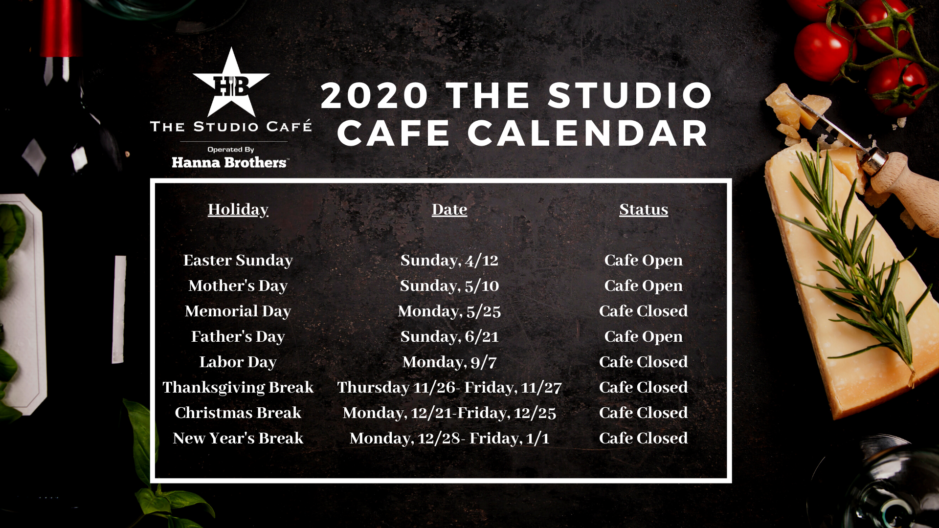 The Studio Cafe 2020 Calendar The Studio Cafe Operated by Hanna